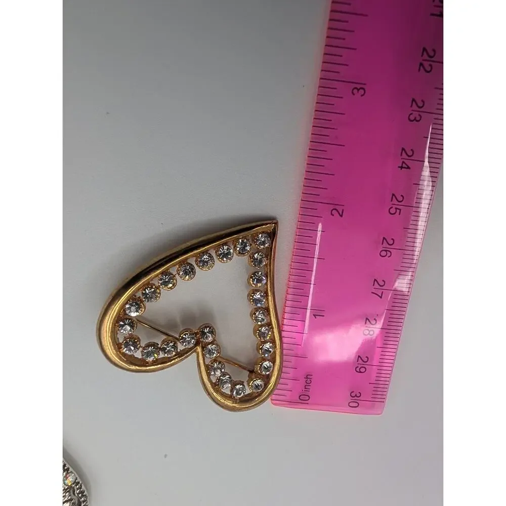 Vintage Heart Brooch Pin Lot Silver Tone AB Rhinestone Gold Tone Clear Crystal